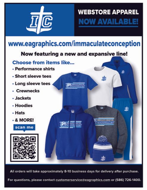 An advertisement for webstore apparel that is now available