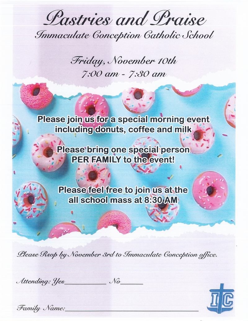 A poster for Pastries and Praise at Immaculate Conception catholic school.