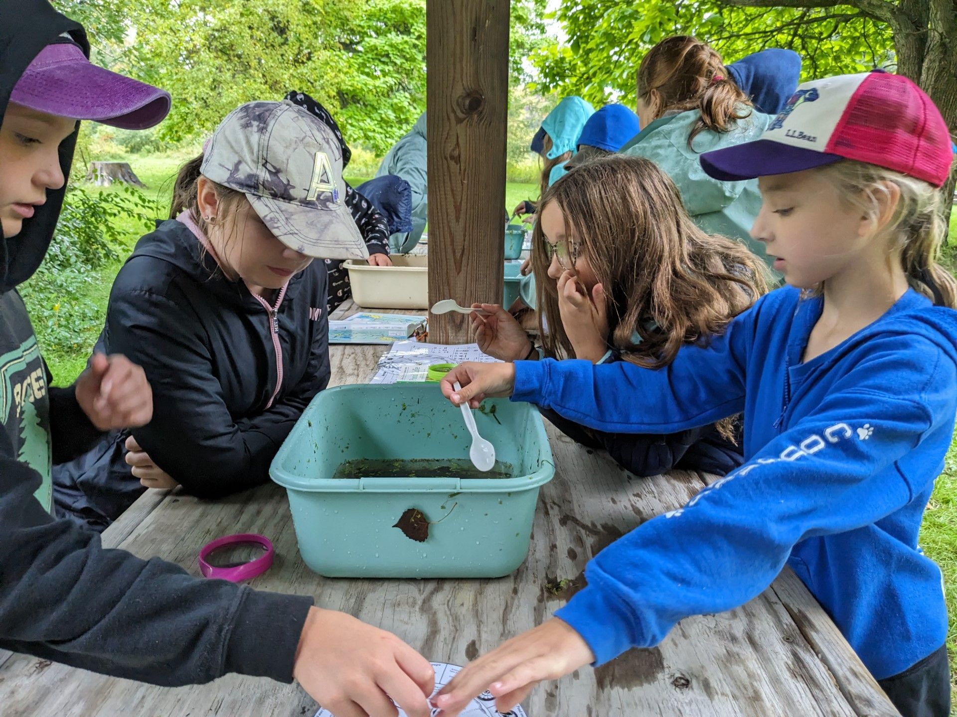 A group of kids working together outside.