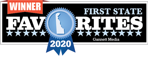 Winner First State Favorites 2020 banner with blue ribbon and Delaware silhouette.