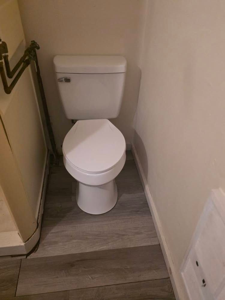 Small white toilet in a narrow bathroom corner with beige walls and gray wood flooring