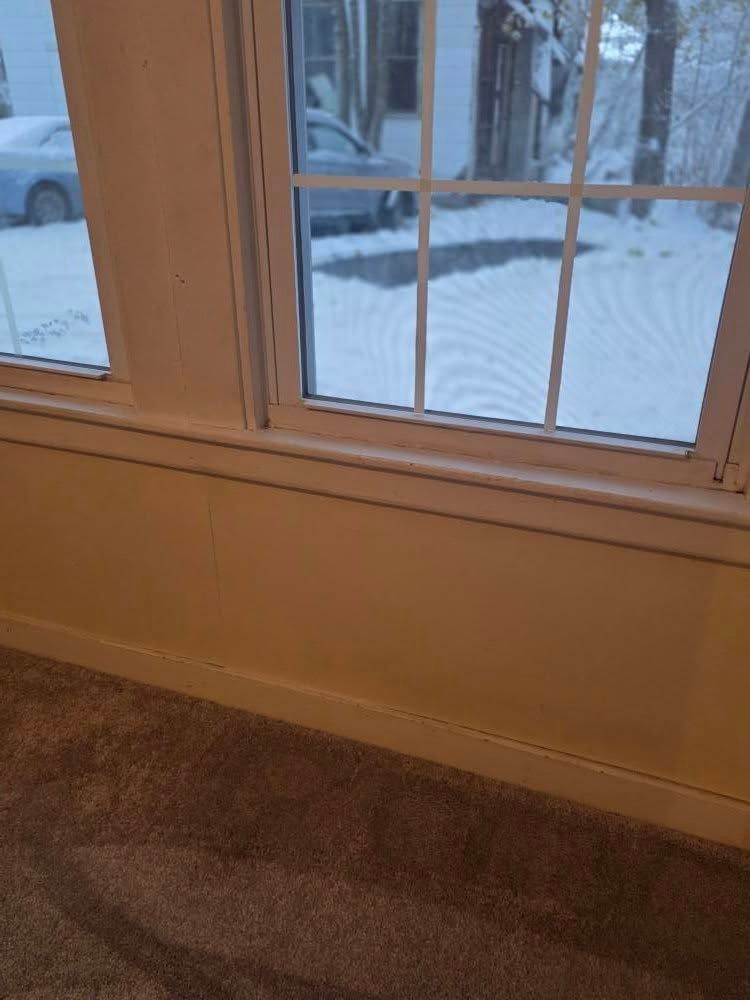 Indoor window view of a snowy yard with a parked car and brown carpeted floor in the foreground
