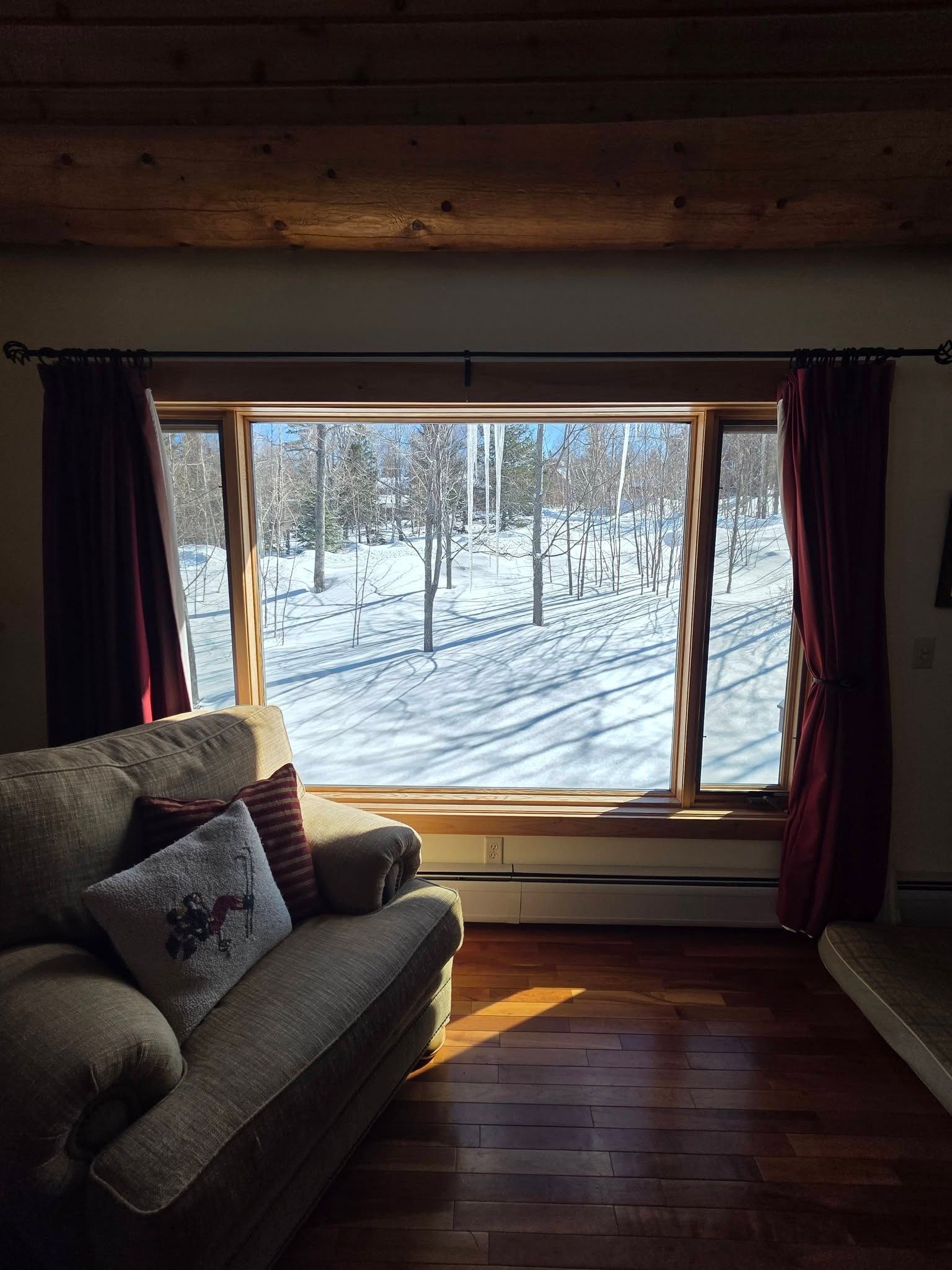 Cozy living room with sofa facing a large window overlooking a snowy forest