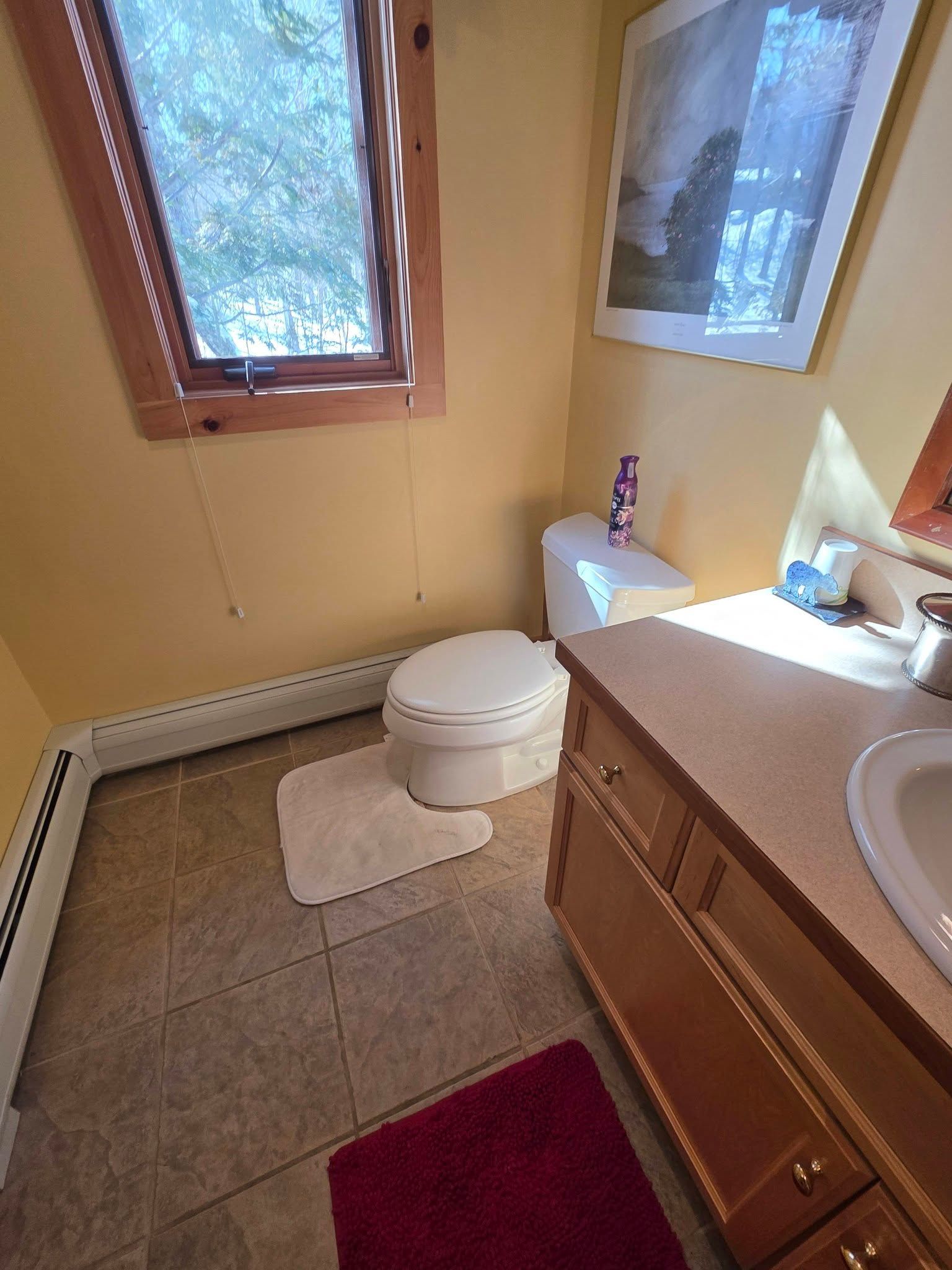 Small bathroom with toilet, sink, wooden vanity, tile floor, and two windows.