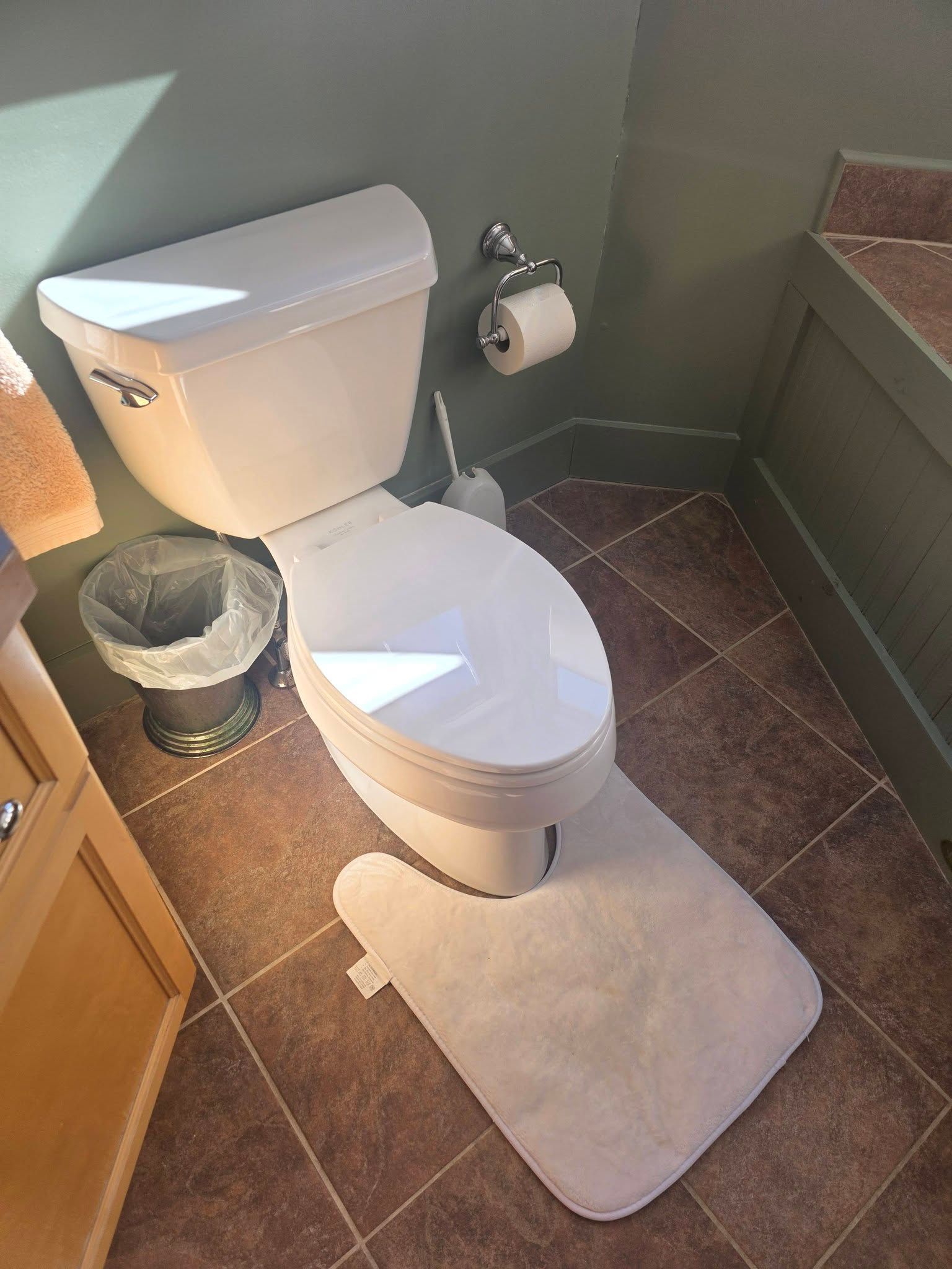 Small bathroom with a white toilet, trash can, toilet paper holder, and white bath mat on brown tile floor.