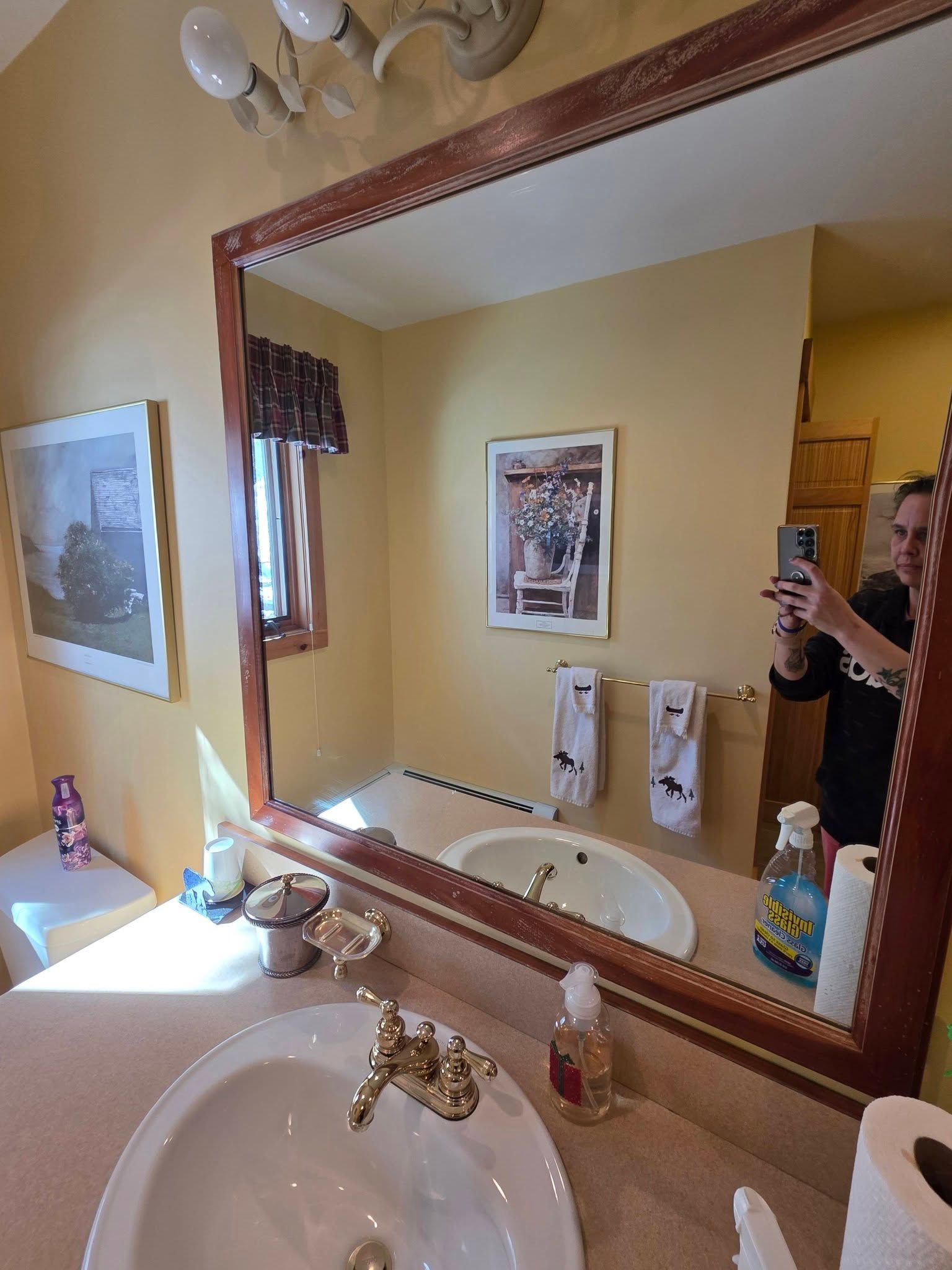 Bathroom mirror above sink reflecting a person holding a phone, with beige walls and framed art nearby.