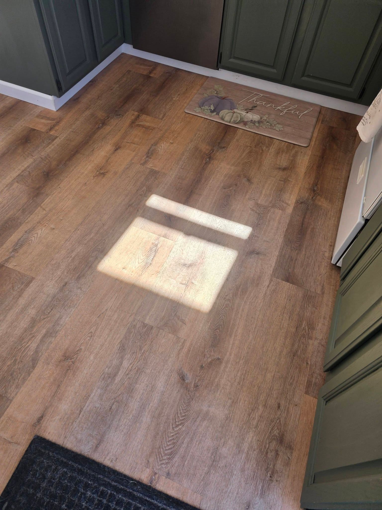 Sunlit hallway with wood floor, green cabinets, and a small rug near the doorway.