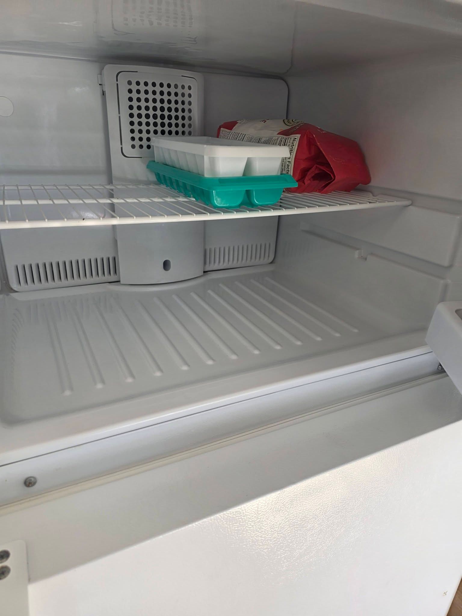 Inside an empty refrigerator, a white-and-teal food container sits on a shelf next to a red bag.