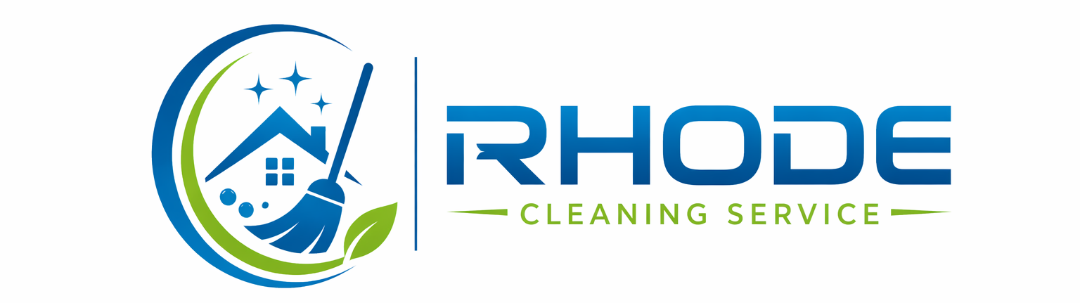 RHODE Cleaning Service logo with a blue house, broom, and green leaf swoosh