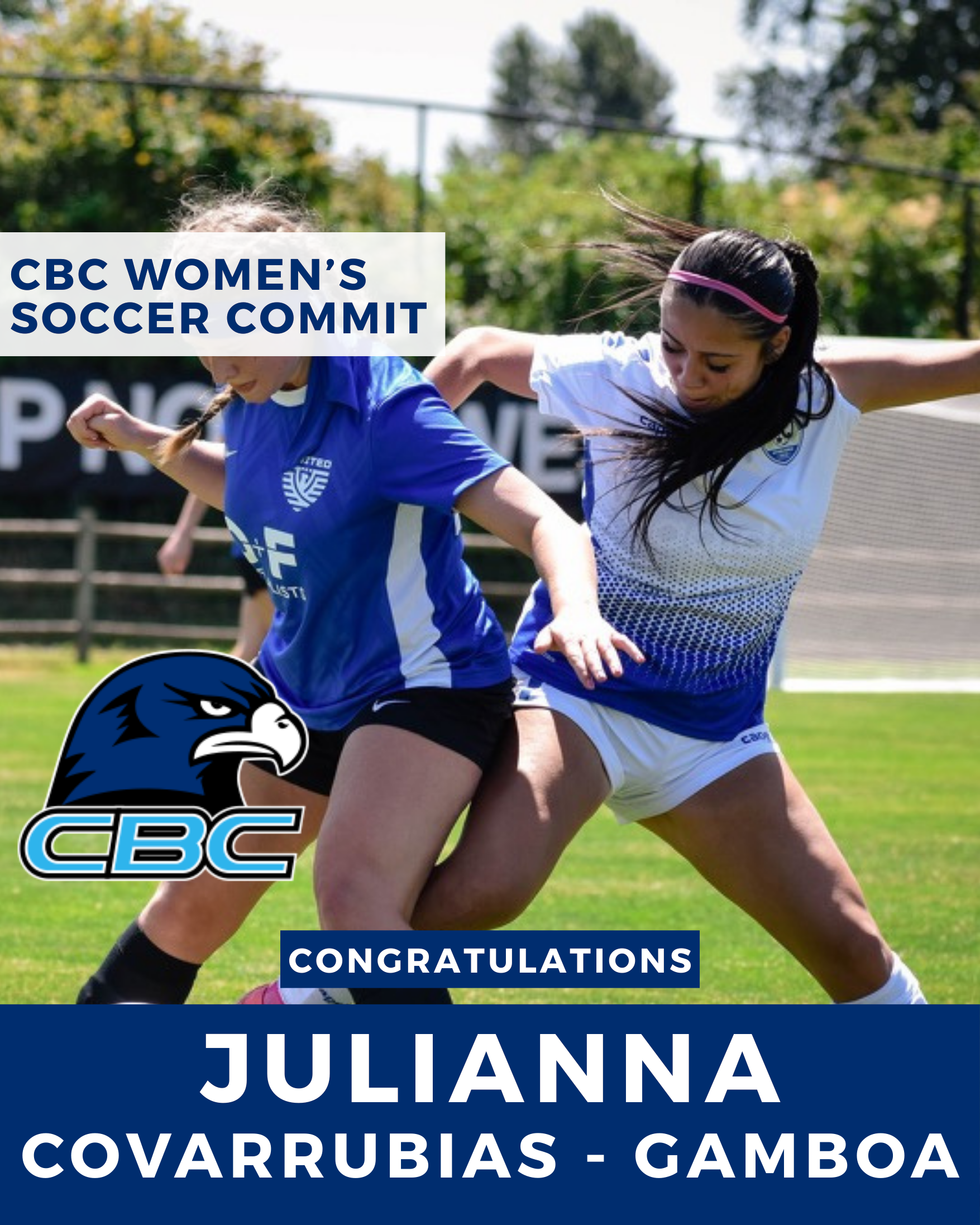 Soccer player announcement. Two women on field, one in blue, one in white. CBC logo.