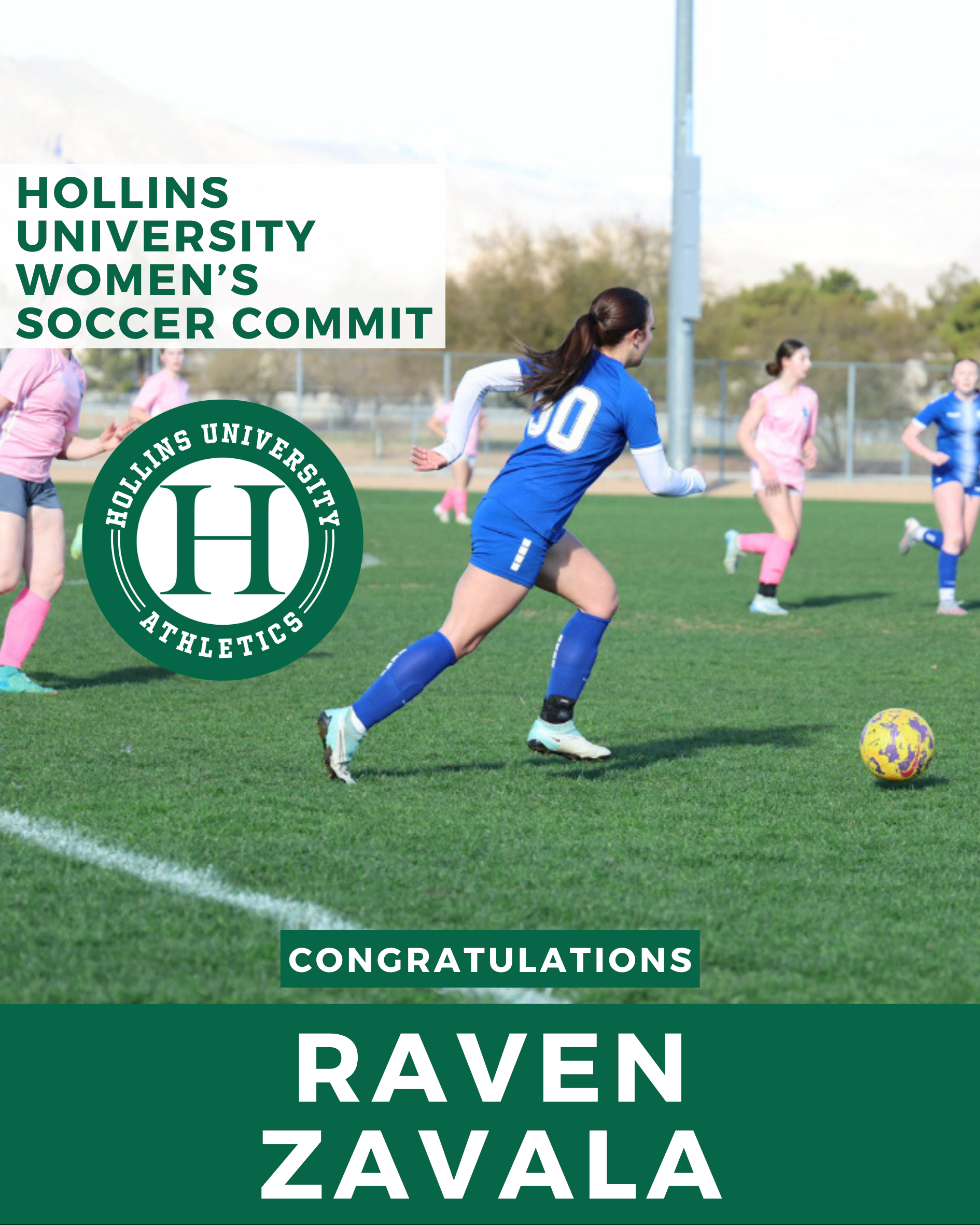 Soccer player Raven Zavala commits to Hollins University. She runs on a field wearing a blue jersey.
