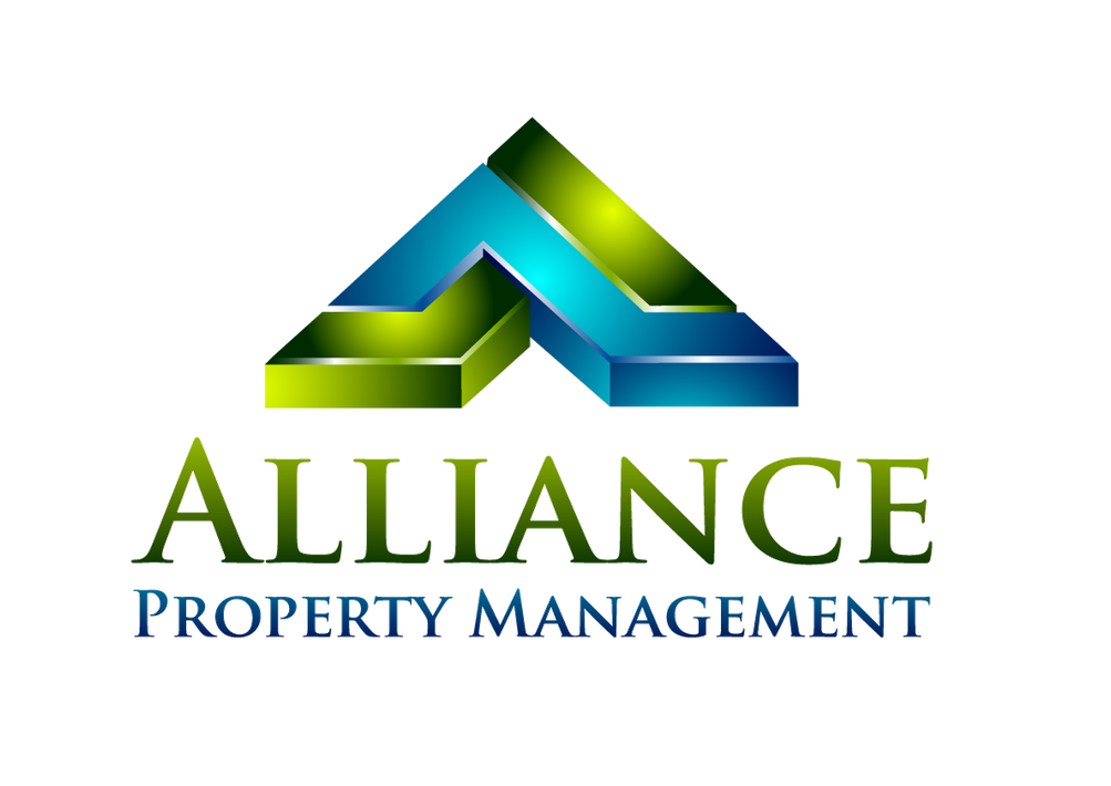 A blue and green logo for alliance property management