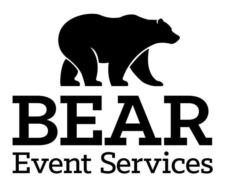 A black and white logo for bear event services with a bear on it.