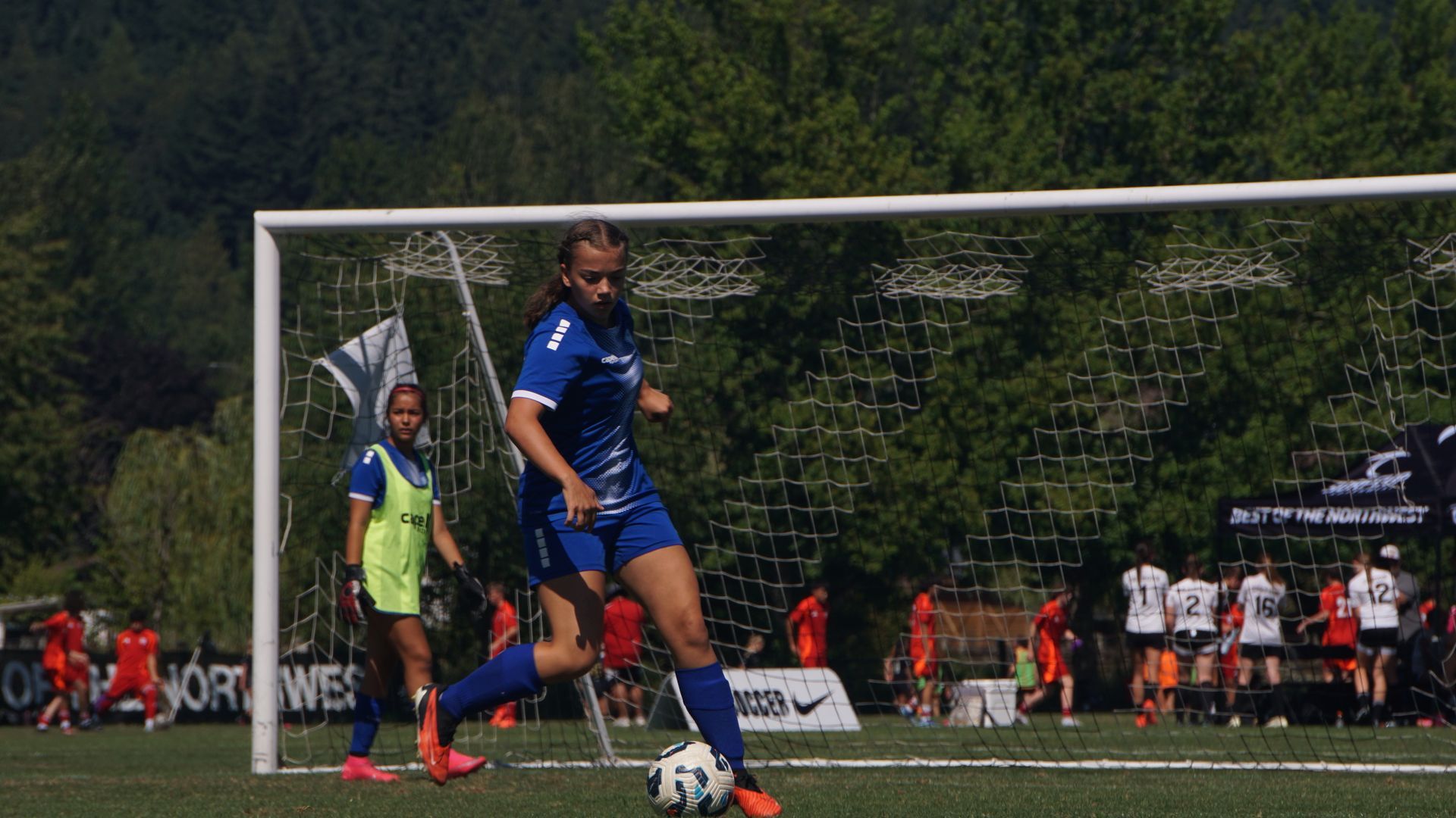 A woman is kicking a soccer ball in front of a goal.