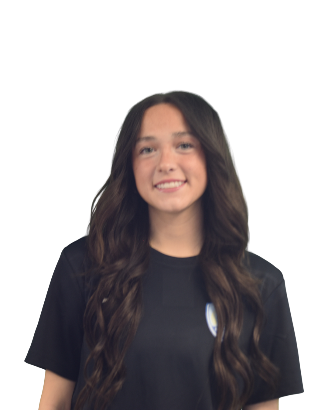 Portrait of a smiling person with long dark hair wearing a black T-shirt against a white background