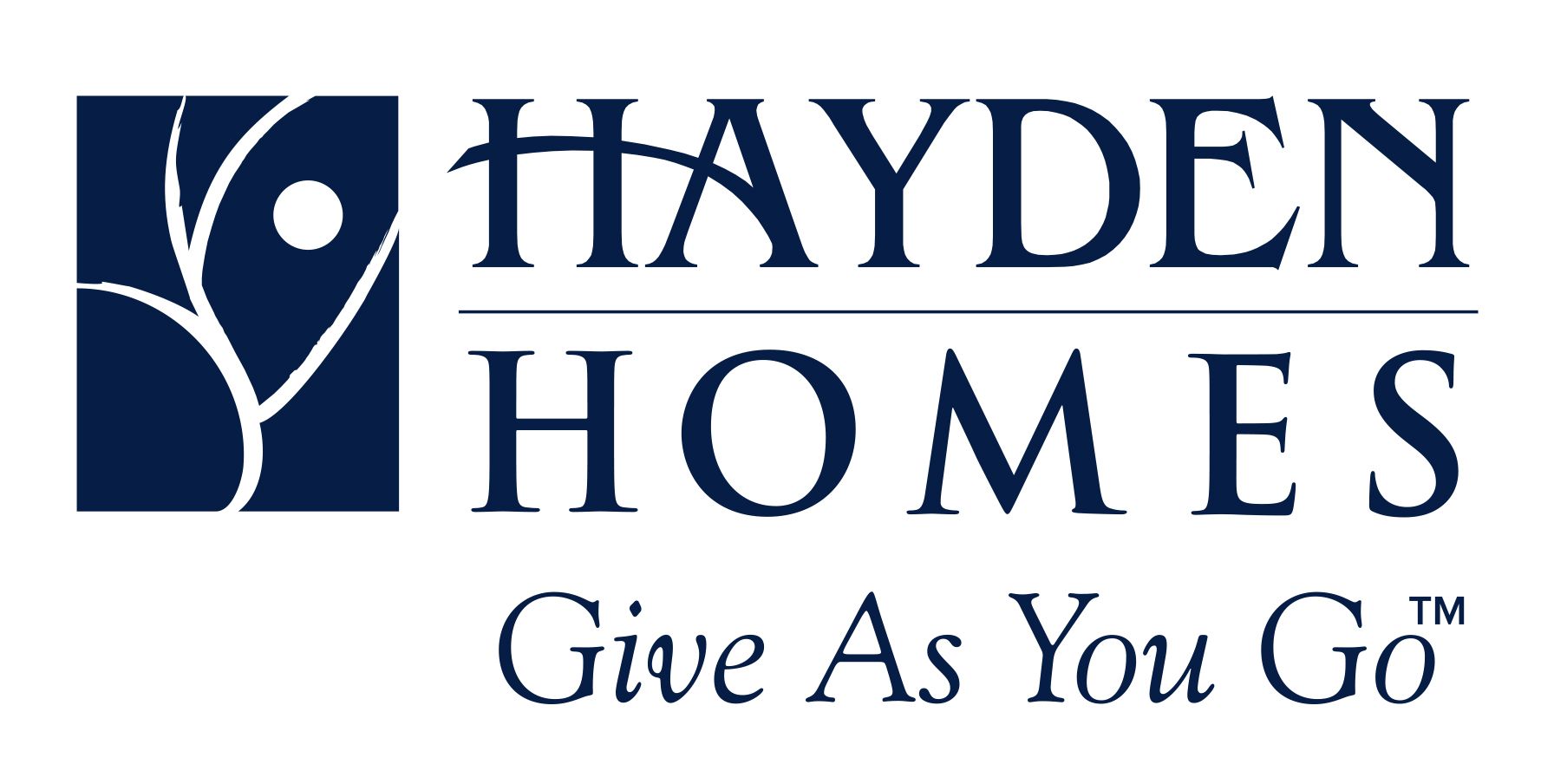 The hayden homes logo is blue and white and says `` give as you go ''.