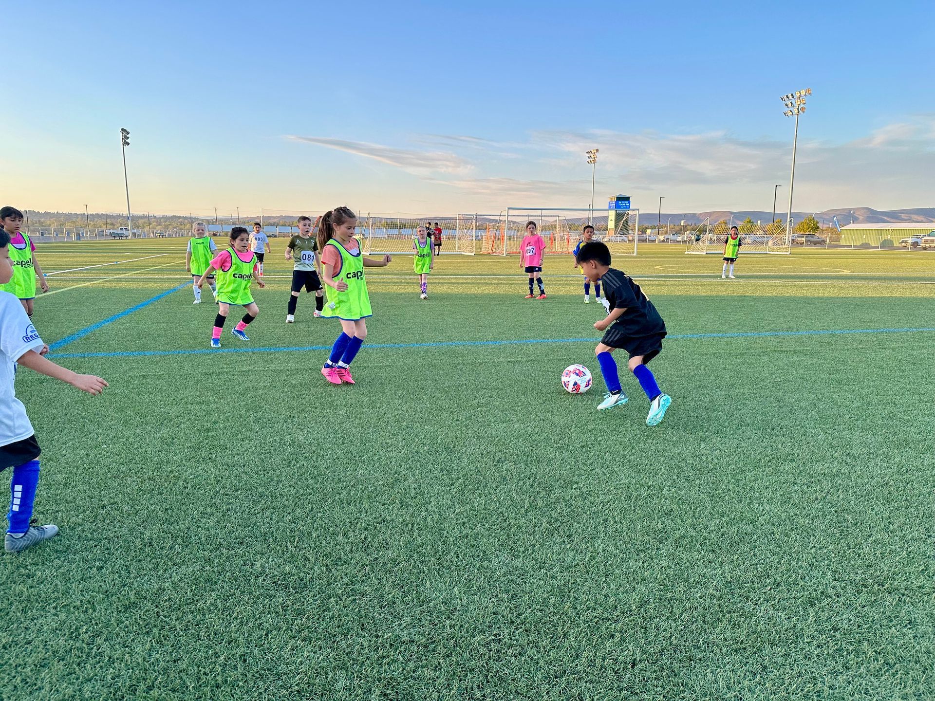 A group of children are playing soccer on a field.