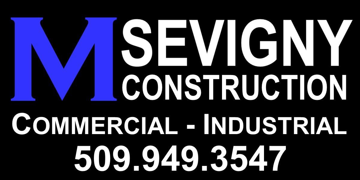 The logo for m sevigny construction is blue and white on a black background.