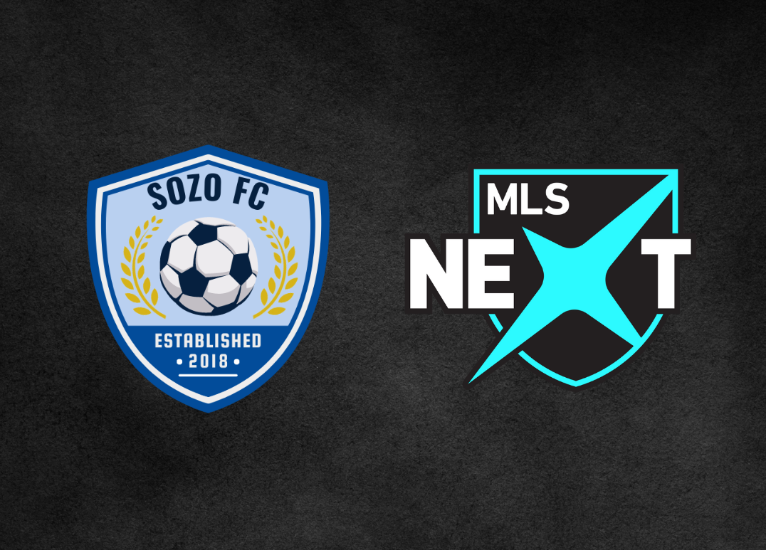Sozo fc and mls next logos on a black background