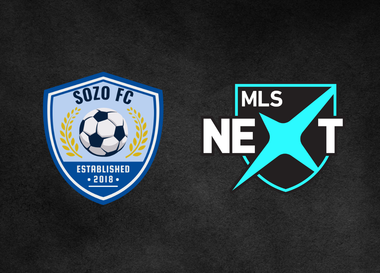 Sozo fc and mls next logos on a black background