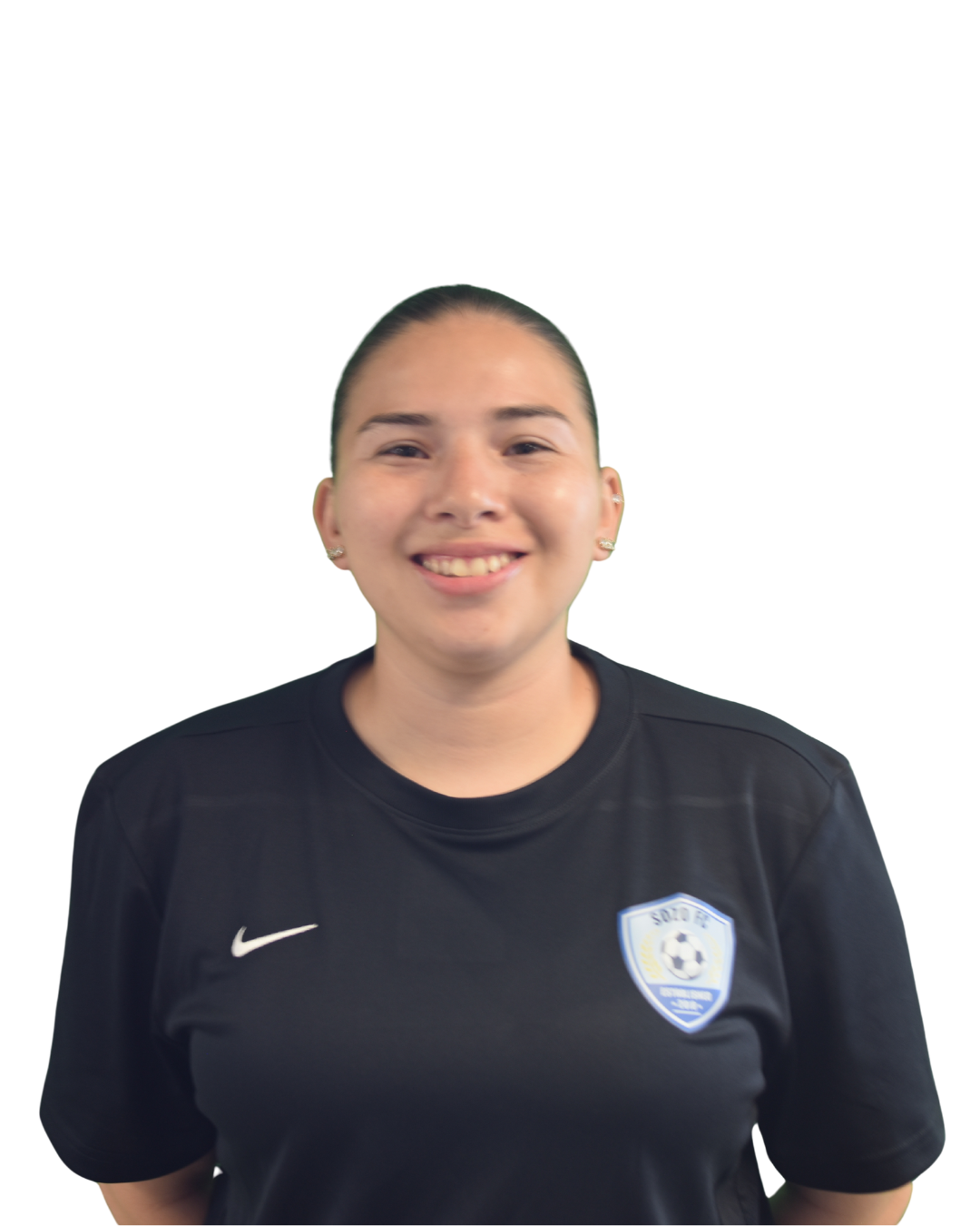 Person smiling in a black athletic jersey with a crest and white logo, against a plain white background