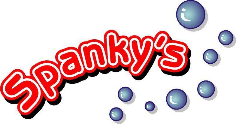 A red and white logo for spanky 's with blue bubbles