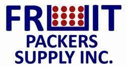 The logo for fruit packers supply inc. is blue and red.