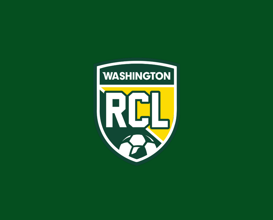 Washington RCL soccer logo on green background. Shield with 