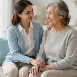 Two women sitting on a couch, smiling and holding hands in a bright living room