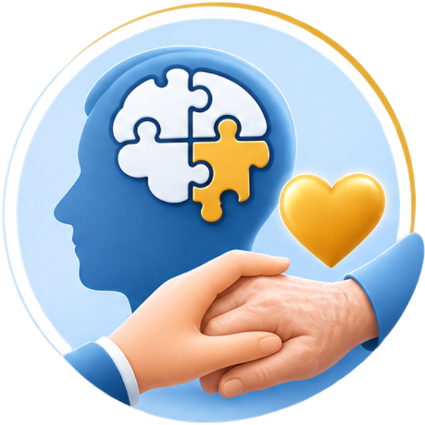 Two hands clasped beneath a blue profile with puzzle pieces and a gold heart icon