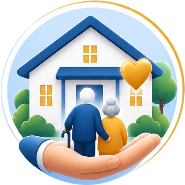 Hands cupping a blue house with a heart and two people at the doorway, symbolizing home support