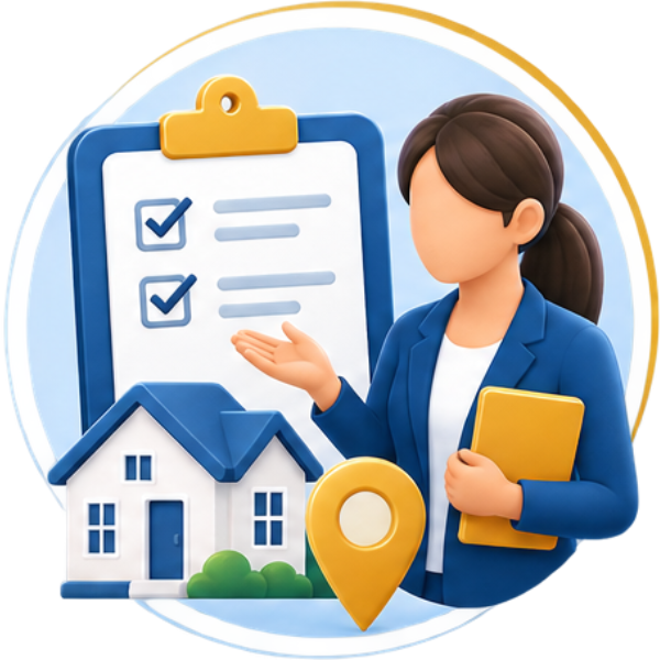 Clipboard checklist next to a house icon and a person holding a folder, suggesting real estate review