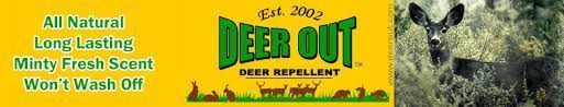 A Deer Out repellent banner featuring a deer, product branding, and key benefits like all-natural and minty fresh scent.