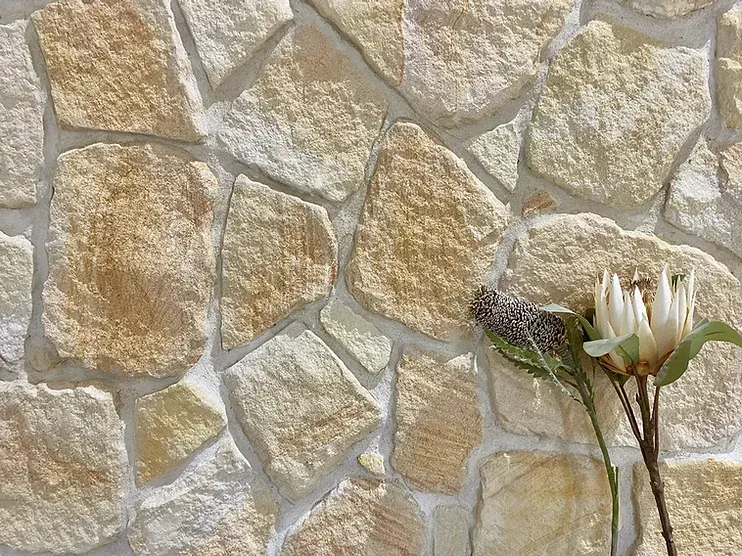 Tan and beige stone wall with a protea flower — Premier Bricks, Blocks & Pavers In Heatherbrae, NSW