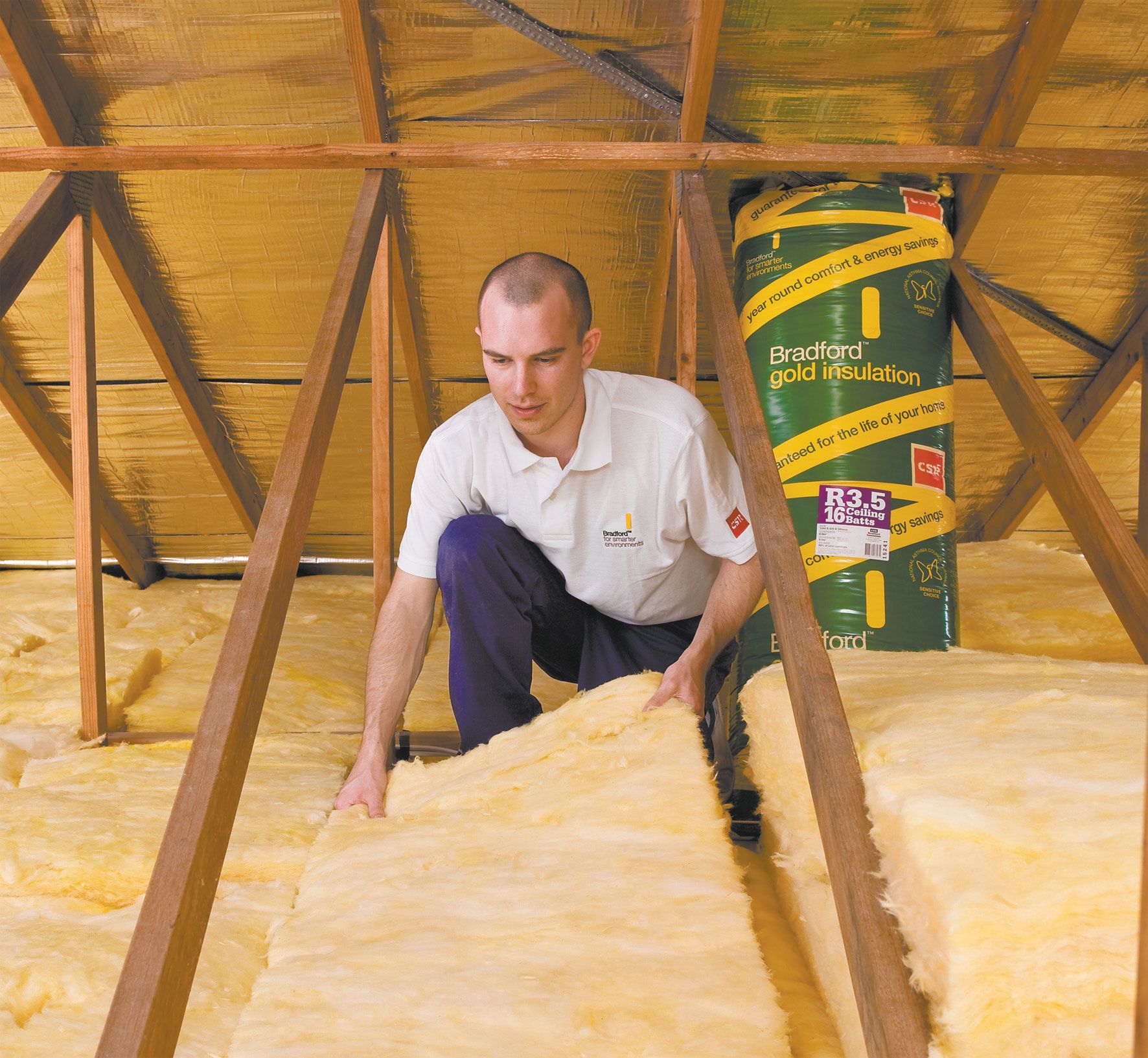 Glasswool insulation batts installed between timber wall studs during construction