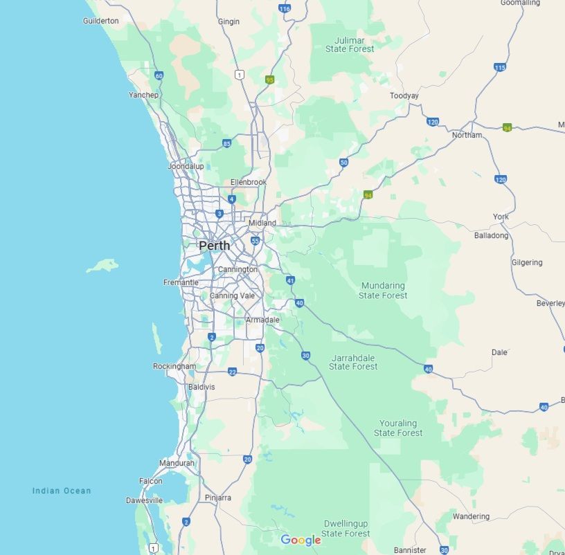 Map of Perth and surrounding suburbs showing the Elite Insulation Services service area