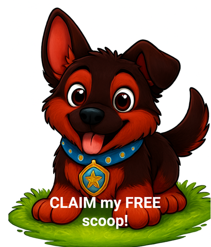 Cute cartoon puppy with big ears, red fur, blue collar, and a gold star tag, sitting on grass with tongue out telling customers to claim their free yard cleaning of poop. 