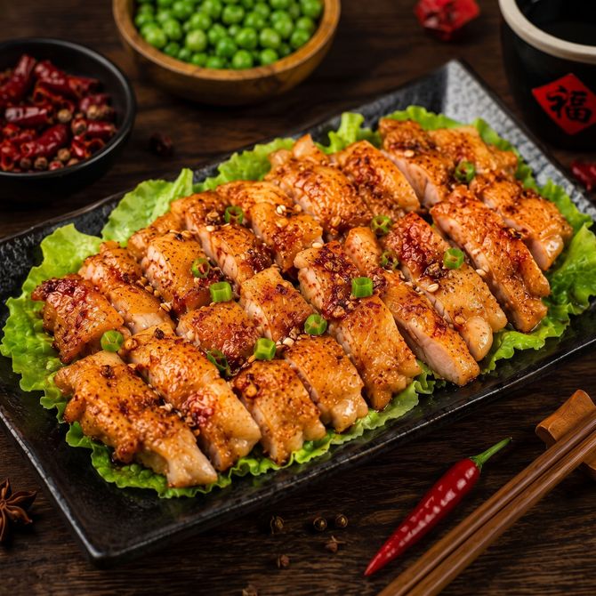 Platter of sliced roasted chicken on lettuce, garnished with chili flakes and green onions, on a dark table