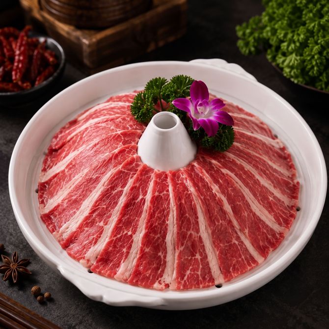 Thinly sliced marbled beef arranged in a ring on a white platter, garnished with parsley and a purple flower.