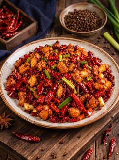 Spicy stir-fried dish in a rustic bowl with red chilies, sesame seeds, and green onions on a wooden table