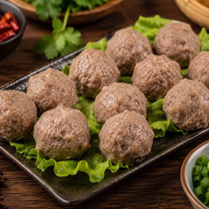 Plate of cooked meatballs on lettuce, garnished with herbs on a wooden table
