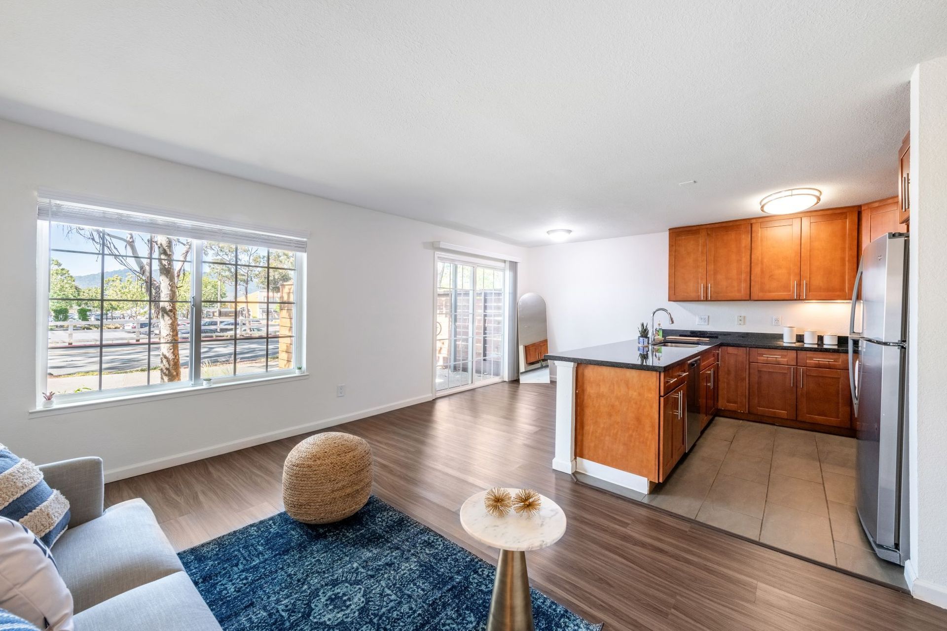 Bright open living room with blue rug, sofa, kitchen, and large windows overlooking street.