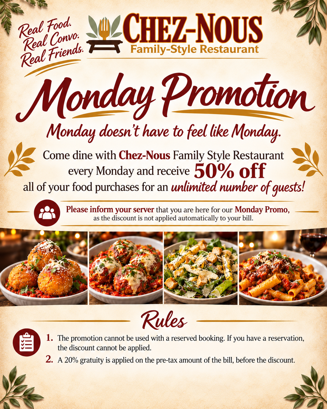 Restaurant ad: Dining room, special offers, 50% off food purchases. Chaise cafe & lounge, Manitoba.