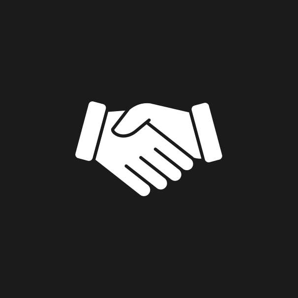 Icono de apretón de manos blanco sobre fondo negro, que simboliza acuerdo o asociación.