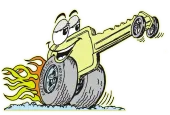 A cartoon drawing of a car with a tire that says first come lock and safe drive
