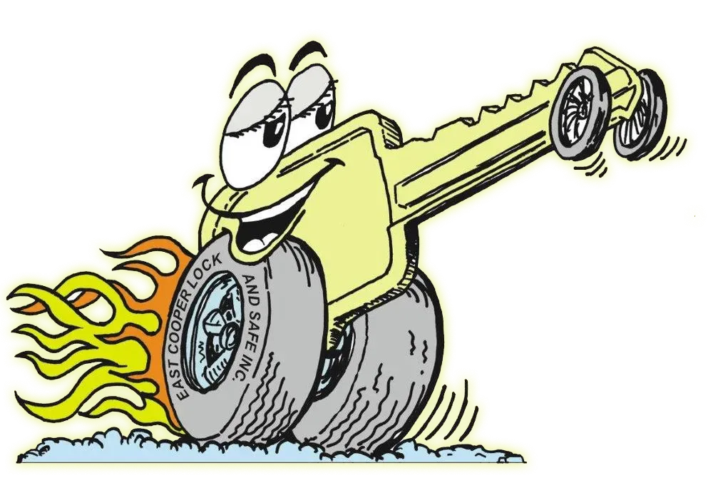 A cartoon drawing of a car with a tire that says first come lock and safe drive