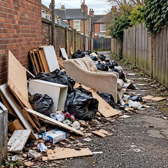 Before: an alleyway blocked with boards, bags and broken furniture