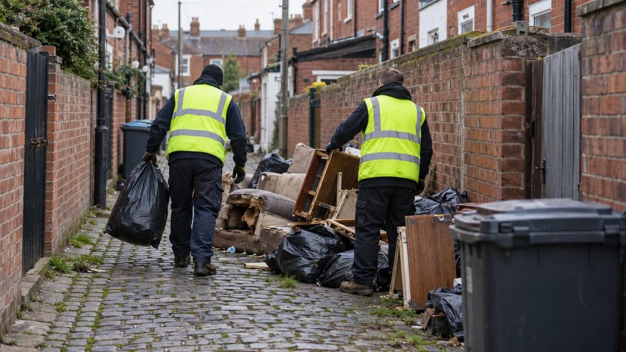 Two workers clearing bags and broken furniture from a cobbled back alley