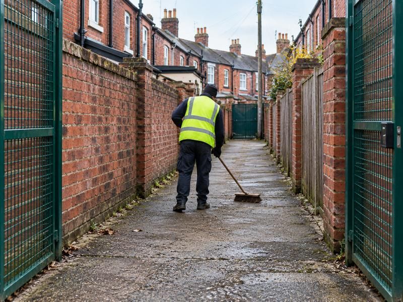 Worker sweeping a cleared alleyway between terraced houses