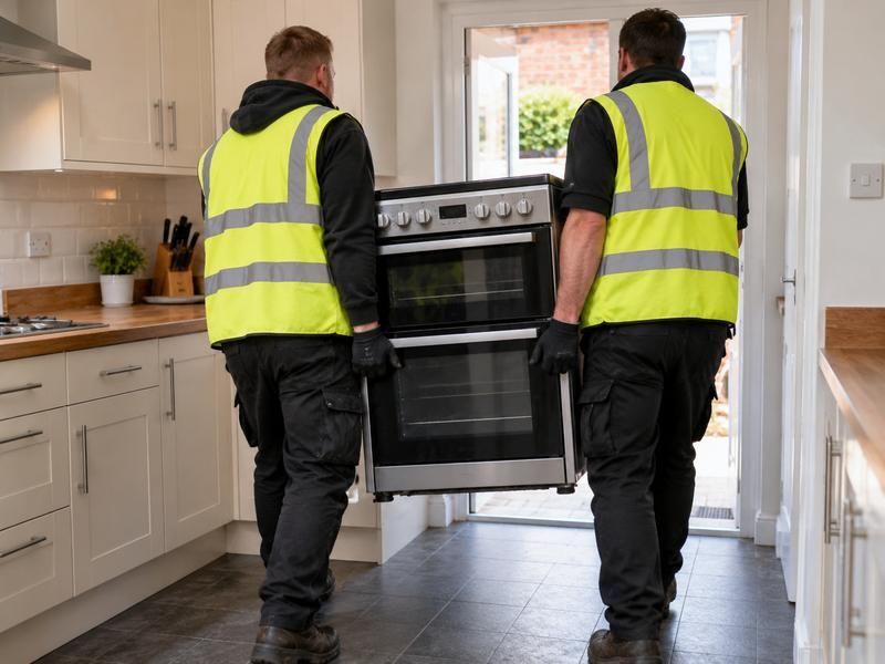 Two workers carrying a cooker out of a kitchen